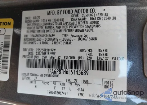 2020 Ford Mustang Ecoboost Fastback из США, поврежденный, VIN 1FA6P8TH6L5145689